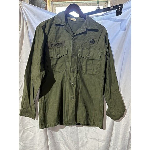 VTG US Army OG-107 Utility Shirt Cotton Sateen Vietnam NAMED w/ Master Parachute - Picture 1 of 5